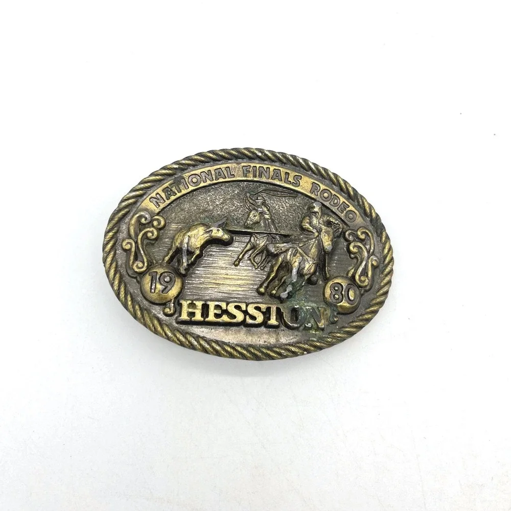 Vintage 1980 Hesston National Finals Rodeo Belt Buckle NFR Steer Wrestling Brass